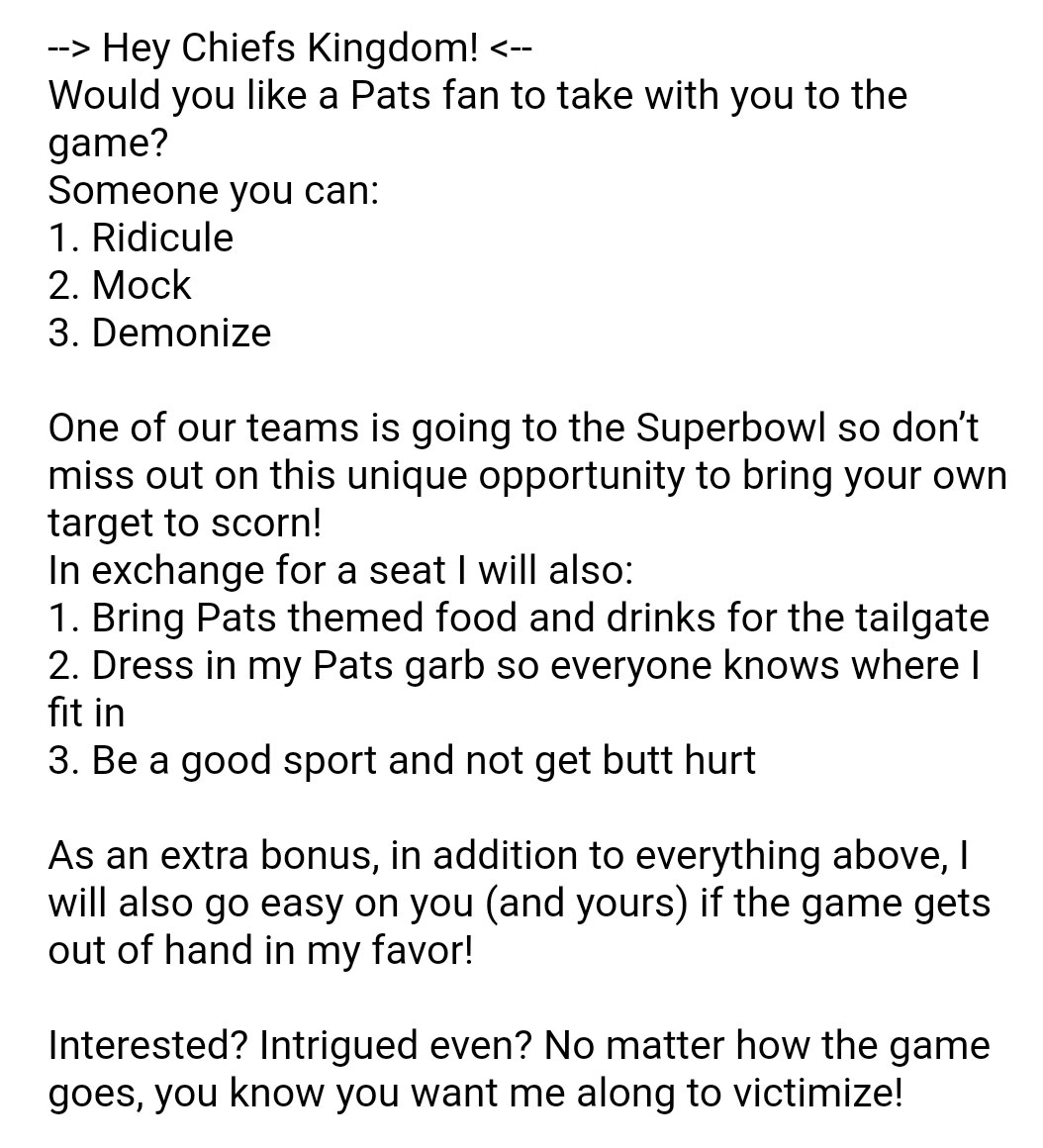 Machiavelli_too's tweet photo. --> Hey Chiefs Kingdom! <--
#ChiefsKingdom #Chiefs
#Patriots #PatriotsNation #patriotsvschiefs @Chiefs @Patriots Would you like a Pats fan to take with you to the game? 
Someone you can:
1. Ridicule
2. Mock
3. Demonize https://t.co/DEWOtUOz2b