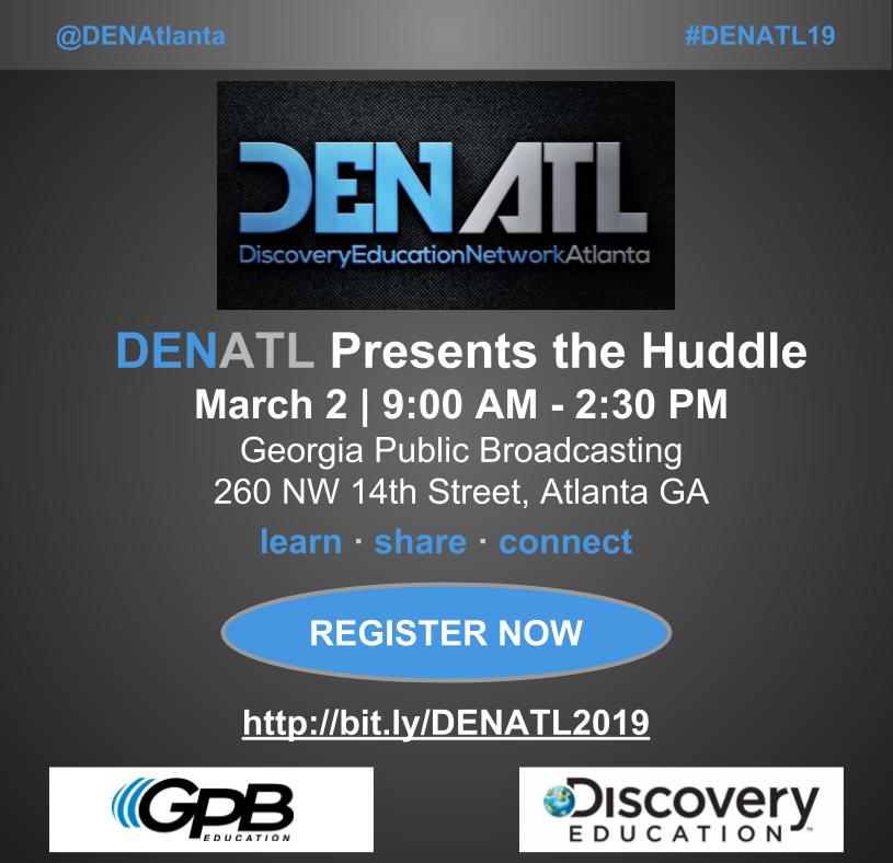 DENAtlanta's tweet image. We hope Atlanta area educators join us for our 2nd DENATL Huddle on March 2nd! Free PD! Come learn, share, and connect with us!!
#DENATL #DEN