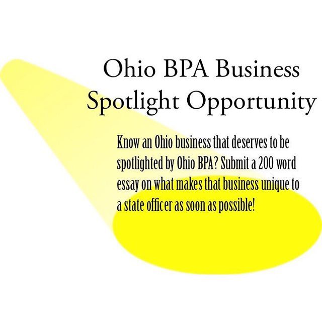 BpaFairfield's tweet photo. Once a week, the state officer team plans to feature a successful business on social media. These businesses will also be invited to the State Leadership Conference and could possibly become a long-term business-partner. 
Pick an Ohio-based business and write a 200 word essa… https://t.co/cbll9zqebN
