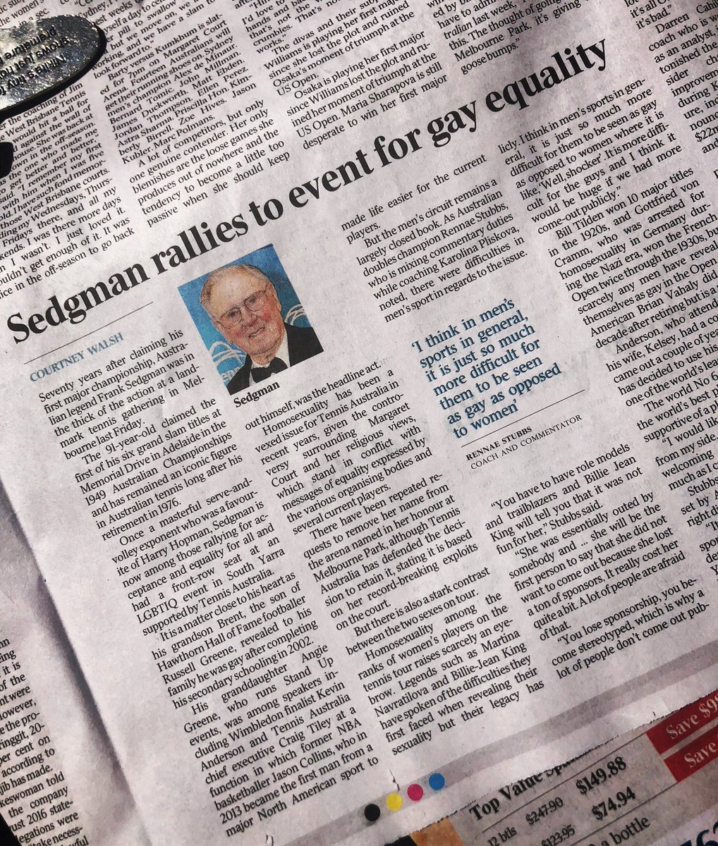 Thank you Frank Sedgman. We always hear that it’s the “older generation” that doesn’t understand today’s social climate. This is Frank. 90 years old. Won 22 Grandslams. Standing up for all people in sport - regardlesss of sexuality and/or gender. Legend.