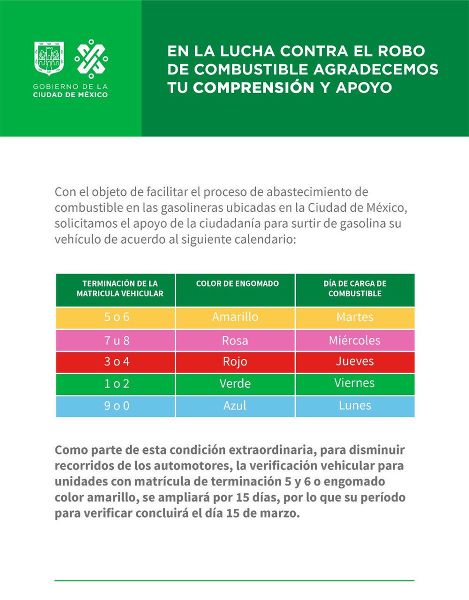 GobCDMX's tweet image. La organización nos beneficia a todos. Recomendamos seguir este calendario para cargar gasolina: 👇🏼