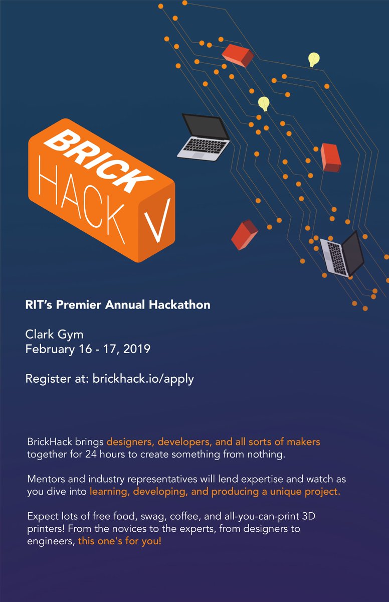 On February 16-17, <a href="/brickhackrit/">BrickHack</a> invites you to celebrate their fifth anniversary at #BrickHackV happening in Rochester, NY! Come spend 24 hours dedicated to learning, collaborating, building, and innovating.
Apply now @ brickhack.io