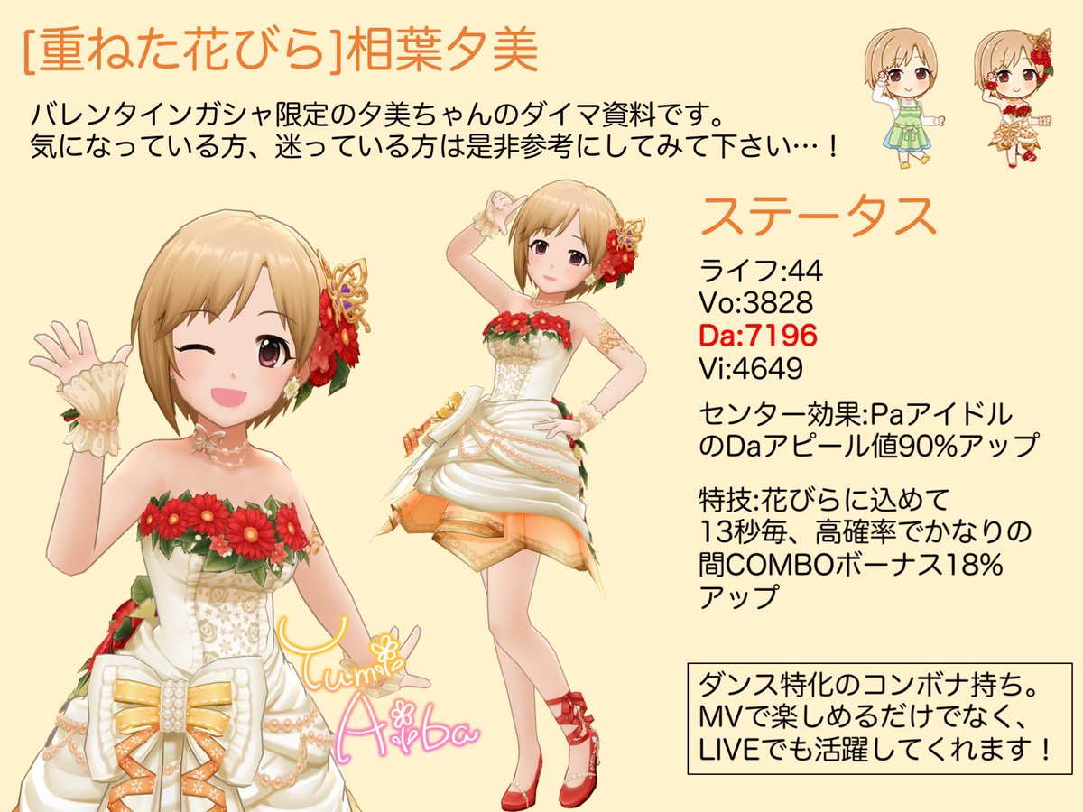 さとす Twitter પર 今月復刻すると思われる 重ねた花びら 相葉夕美のダイマです 初めての資料作りで拙い部分が多いですが これで1人でもお迎えしたい というpさんが出てくれたら嬉しいです デレステ 相葉夕美 T Co Cblneirf8f Twitter