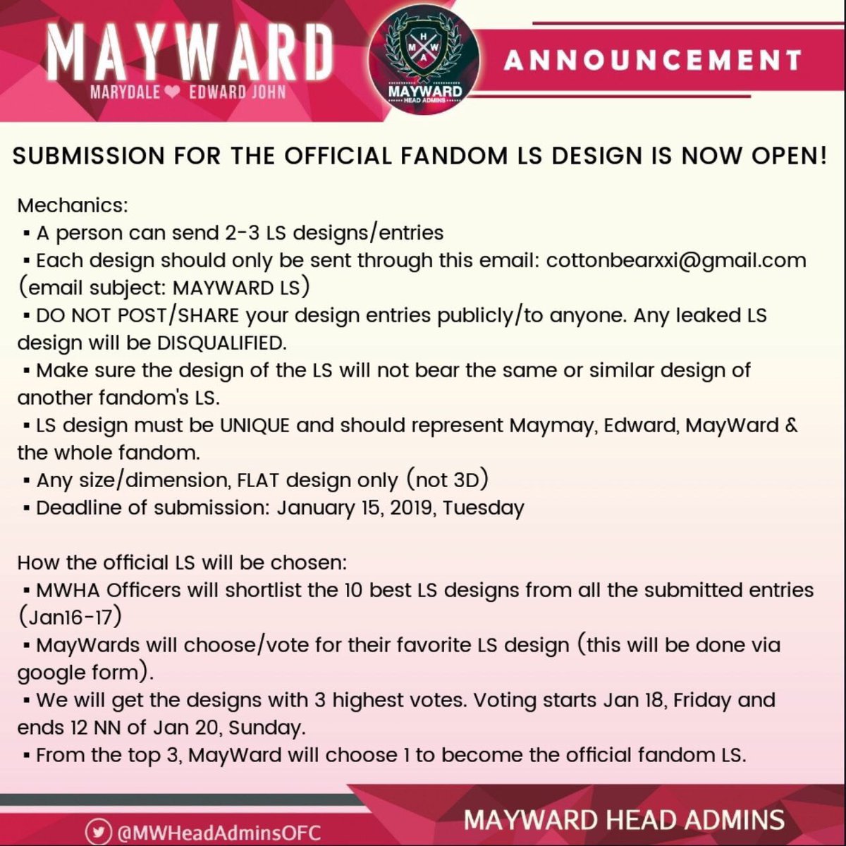 MAYWARDHAOFC's tweet photo. 2019 is another year to aim higher spot light for Maymay and Edward. To start it,Lets all cooperate to have our first official Light Stick!

Tomorrow is the last day of submission. Make sure not to release your creation to avoid prior exposure before the judgement.
#MayWard https://t.co/43Q3wCAvMV