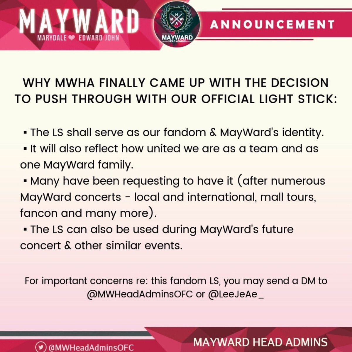 MAYWARDHAOFC's tweet photo. 2019 is another year to aim higher spot light for Maymay and Edward. To start it,Lets all cooperate to have our first official Light Stick!

Tomorrow is the last day of submission. Make sure not to release your creation to avoid prior exposure before the judgement.
#MayWard https://t.co/43Q3wCAvMV