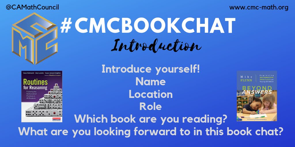 CAMathCouncil's tweet photo. Welcome to #CMCbookchat! Tomorrow we’ll post questions for the first chapters, but in the meantime, introduce yourself, tell us which book you’re reading &amp; your goals for this chat. #R4R #beyondanswers https://t.co/q1vHy7RJfK