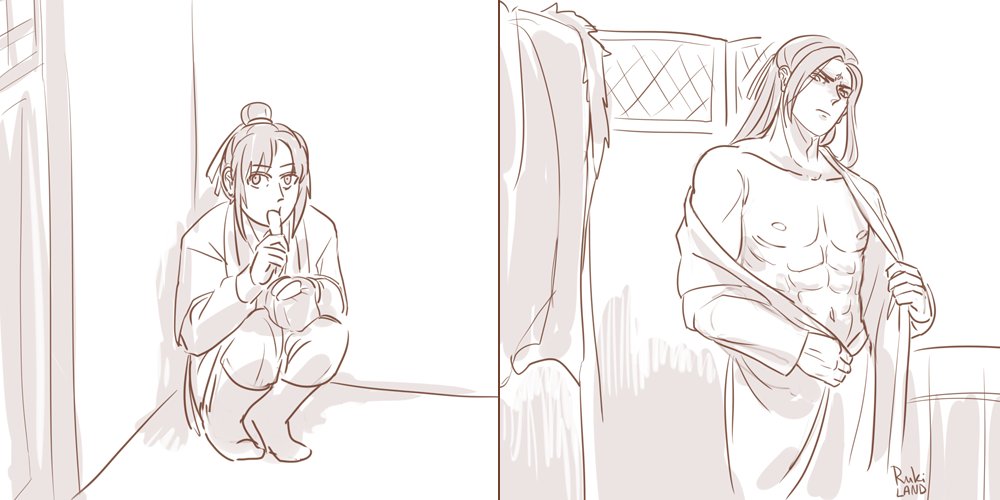 Rukiland's tweet photo. From Airplane extra: "Shang Qinghua retreated to a corner in the room, nibbling on the food ration he had brought with him. He watched Mobei Jun undress and intensely admired his shape and the abs that he ardently longed for." #漠尚 #ScumVillainsSelfSavingSystem #人渣反派自救系统 https://t.co/PU98i0vtJ9