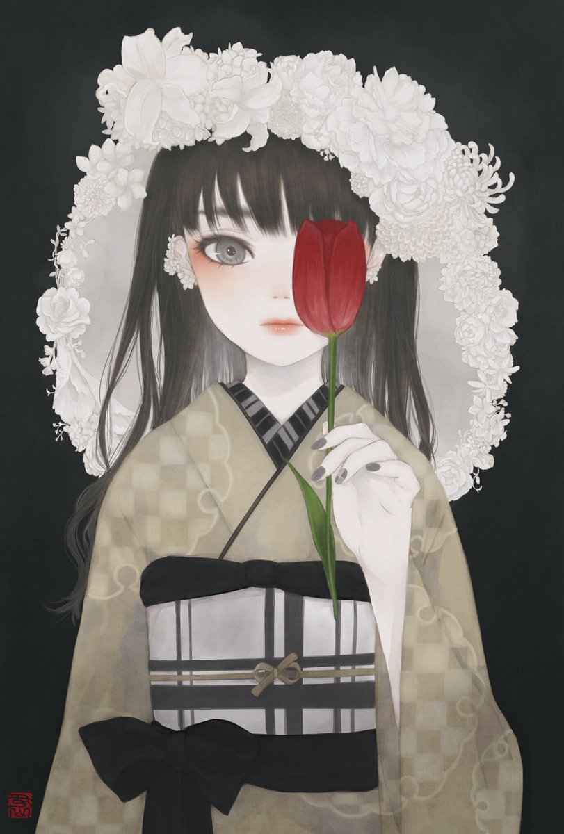 1girl solo japanese clothes kimono flower sash holding  illustration images