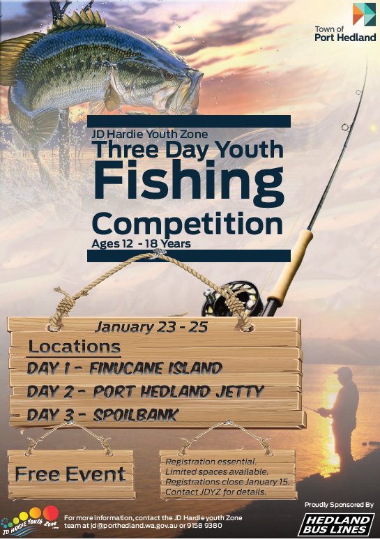SouthHedlandPol's tweet photo. Some of the school holiday events coming up in Hedland, 3 x day fishing comp and the street ball comp. Check out the program. For more info contact JD Hardie Youth Zone or the Town of Port Hedland. Thanks to the sponsors #fb #EPCommunityEngagementTeam @PortHedlandPol https://t.co/4kkXogRGYy