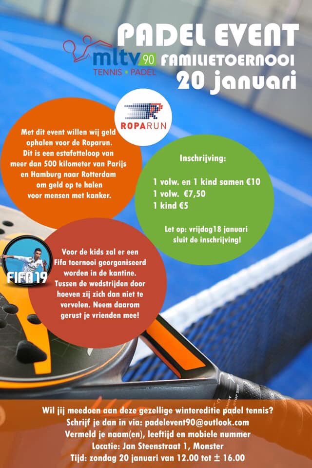 Jordi_Talen's tweet photo. Aankomende zondag 20 januari organiseer ik samen met mijn projectgroep, een evenement voor het goede doel! Delen wordt gewaardeerd!🙏🏼 #RopaRun #Monster #Westland #Padel https://t.co/9QTHBsvvmX