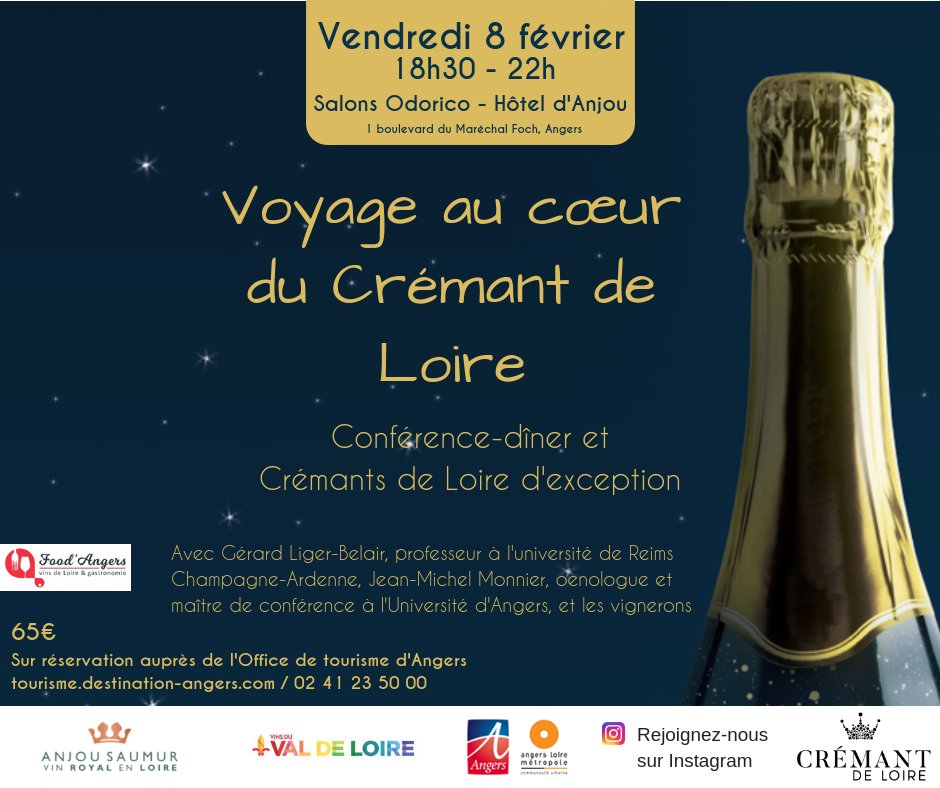 🗓️ ven 8 fev 
📍 <a href="/HoteldAnjou/">BEST WESTERN PLUS Hôtel d'Anjou</a>
⏱️ 18h30 > 22h
👨🏽‍🏫🍾 conférence-dîner "voyage au cœur du crémant de Loire" 🥂🍽️  
➡️ Gérard Liger-Belair &amp; Jean-Michel Monnier vous initient aux mystères de l'effervescence et à l'art d'accorder les bulles aux mets délicats 
🔗 marketplace.awoo.fr/660/Product?re…