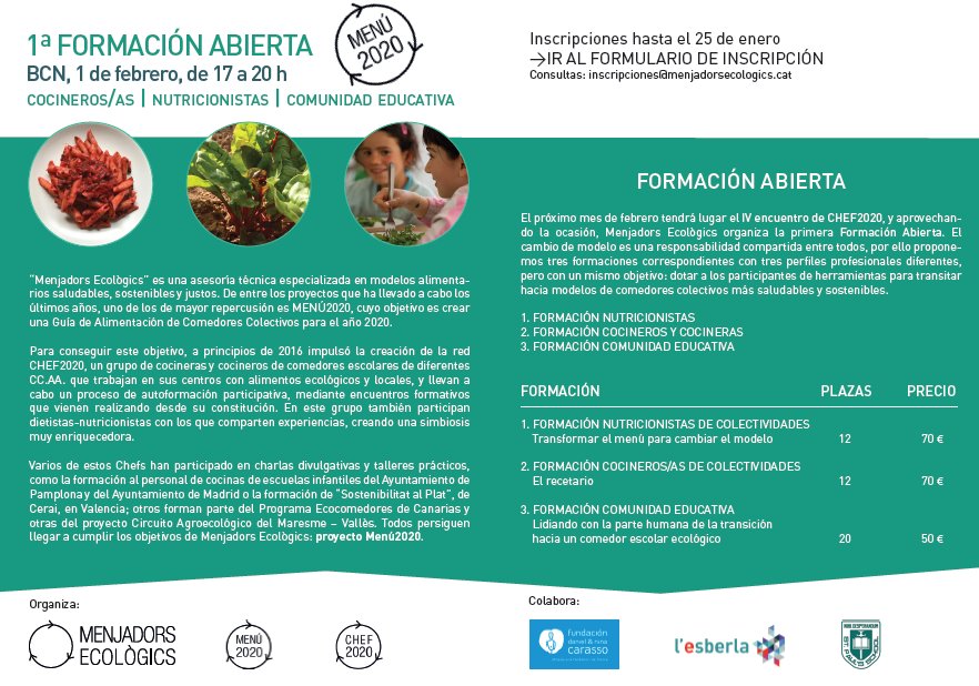 Menjadorseco's tweet photo. Aún estás a tiempo para inscribirte en la primera formación abierta en el “IV encuentro Chef 2020”. Te interesa si deseas transitar hacia un modelo de comedor colectivo más saludable y sostenible. #menu2020 #chef2020 https://t.co/8w73Mw54x3
