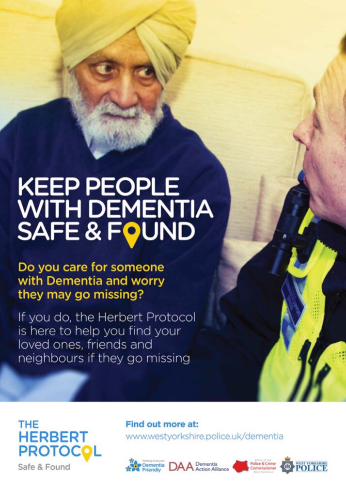 Have a family member with dementia? If so please take just half an hour of your day to fill out the #HerbertProtocol form and send it to us. If they then go missing it means we can direct officers to places familiar to them and locate them quicker   westyorkshire.police.uk/advice/persona…