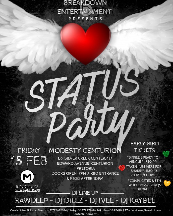 breakdownent18's tweet photo. Early Bird Tickets now on Sale!!
"Single & ready to mingle" R50pp ๐
"Taken just here for the shakin" R80 for 2 tickets โค
"Complicated and 5th wheeling" R200 for 5 tickets ๐
#BreakdownEntertainment #Modesty #Centurion #Pretoria #Club #Housemusic #Trap #StatusParty https://t.co/mMKngvjzWD