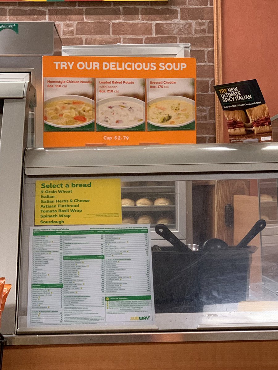 Every time I go into subway it seems they don’t have soup. Across different locations. These signs are ALWAYS up but they NEVER have any!! Very frustrating. <a href="/SUBWAY/">Subway®</a>