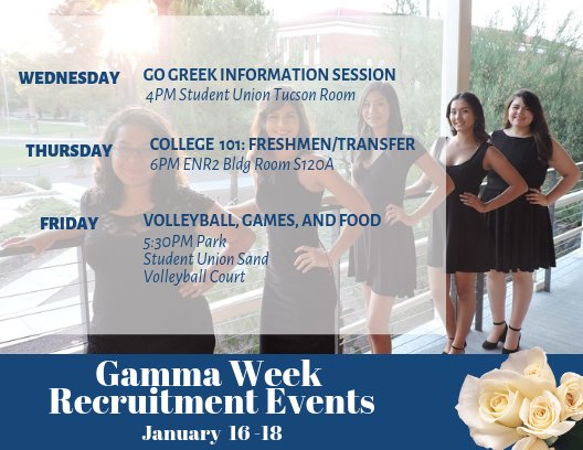 wildcatgammas's tweet photo. Beta Chapter at the University of Arizona is excited to announce our Spring 2019 recruitment events! We will still be tabling this week, but Gamma Week officially starts on Wednesday! We hope to see you all there! https://t.co/D8F1hsWDi6
