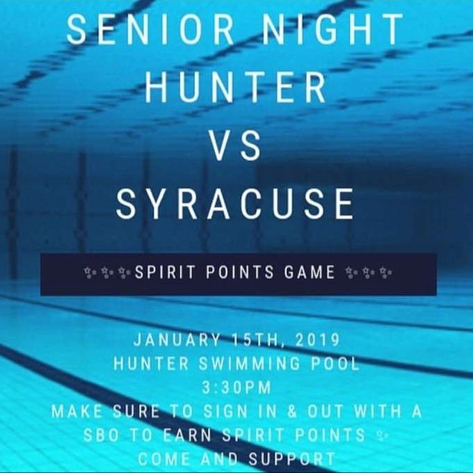 Tuesday Jan. 15th our swim team takes on Syracuse for their Senior Night! The meet is home and starts at 3:30. Please come support the swim team and their seniors!🏊🏾‍♂️🐾💙
It's a SPIRIT POINT MEET so if you come sign in with an SBO and out you can EARN SPIRIT POINTS 4 your CLASS!
