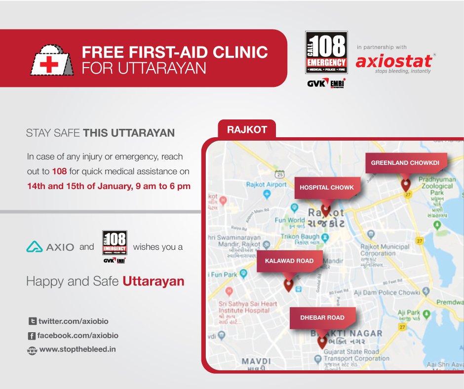 axiobio's tweet photo. Stay Safe This #Uttarayan

In case of any injury or emergency, reach out to 108 for quick medical assistance on 14th &amp; 15th of January, 9 AM to 6 PM.

#Axio and #108Emergency wishes you a Happy and #SafeUttarayan https://t.co/FID6azGs5i