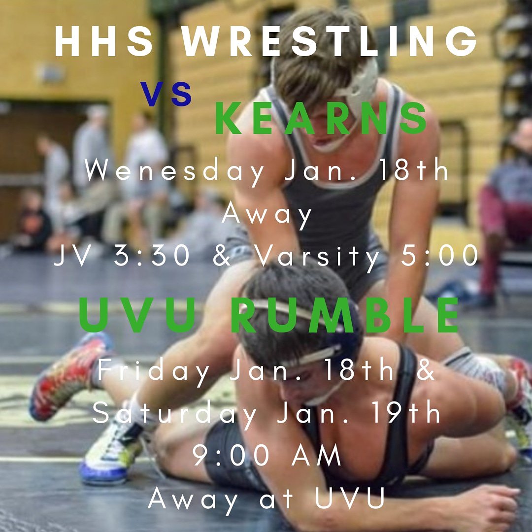 On Wenesday Jan. 16th our Hunter High Wrestling team takes on Kearns! The match is away. JV starts at 3:30 &amp; Varsity starts at 5:00. Come cheer on our Wrestlers! We'd also like to wish them goodluck in the UVU Rumble which is this Friday and Saturday!🐾💙