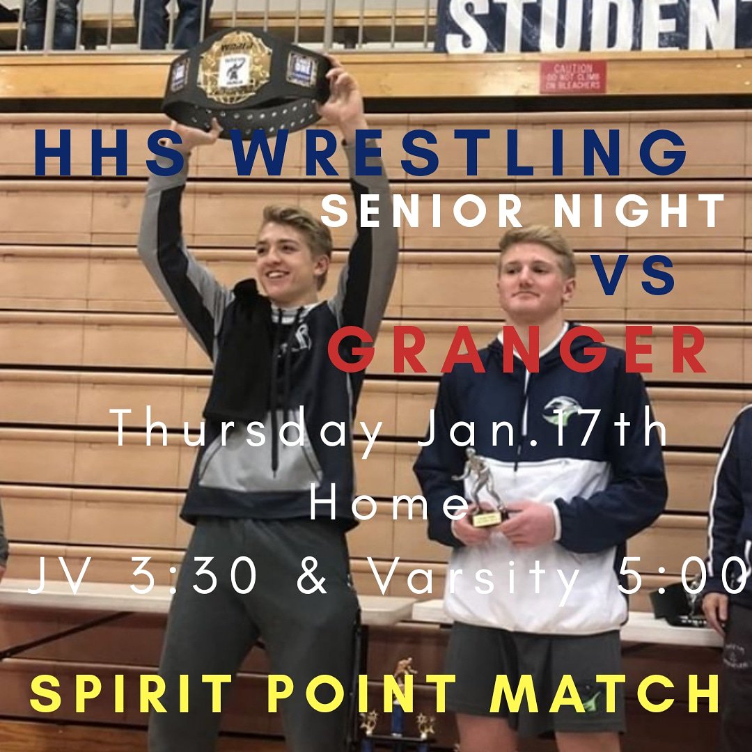 Thursday Jan. 17th our Wrestling team takes on Granger for their Senior Night! It's @ home. JV 3:30 &amp; Varsity 5:00. Come cheer the team on &amp; support your seniors! 💙🐾
It's a SPIRIT POINT MATCH which means you can EARN SPIRIT POINTS 4 your CLASS! Just sign in &amp; out w/ an SBO!