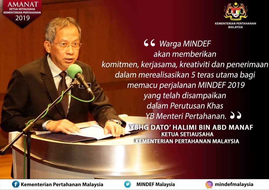 5 teras utama iaitu Hubungan Luar dan ASEAN; Dunia Islam dan Ancaman Asimetrik; Kesiagaan ATM; Kesejahteraan Anggota Tentera, Awam dan Veteran serta Kertas Putih Pertahanan telah ditekankan dalam ucapan KSU, YBhg Dato' @halimiabdmanaf di Majlis Amanat 2019. #amanatksumindef