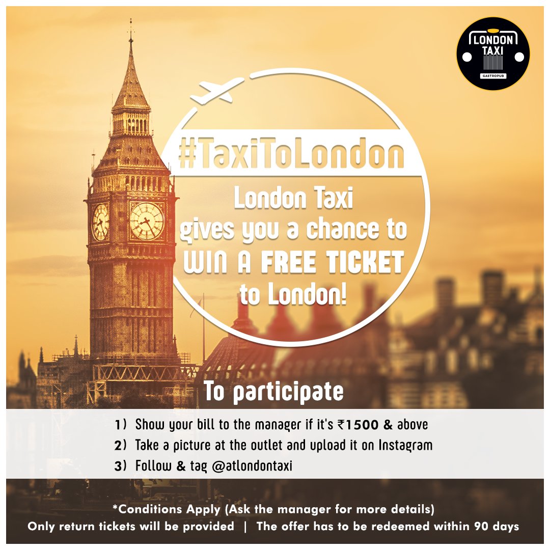 AtLondonTaxi's tweet photo. Now an experience at London Taxi can give you a chance to win a ticket to London! All you have to do is -
1)Show your bill to the manager if it's Rs. 1500 &amp; above
2)Take a picture at the outlet &amp; upload it on Instagram
3)Follow &amp; tag @atlondontaxi &amp; use the hashtag #TaxitoLondon https://t.co/Fqdm4znnBs