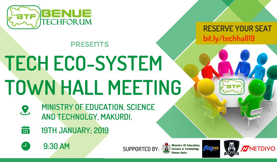 #Tech re-enforcement in <a href="/Benue/">Benue</a> and this time led by <a href="/bntechforum/">Benue Tech Forum</a>. Be part of the tech ecosystem townhall meeting for Benue techies. Click bit.ly/techhall19 to reserve your seat. Saturday on the go! #BTFTownHallMeeting #Benue #SKYHubNG