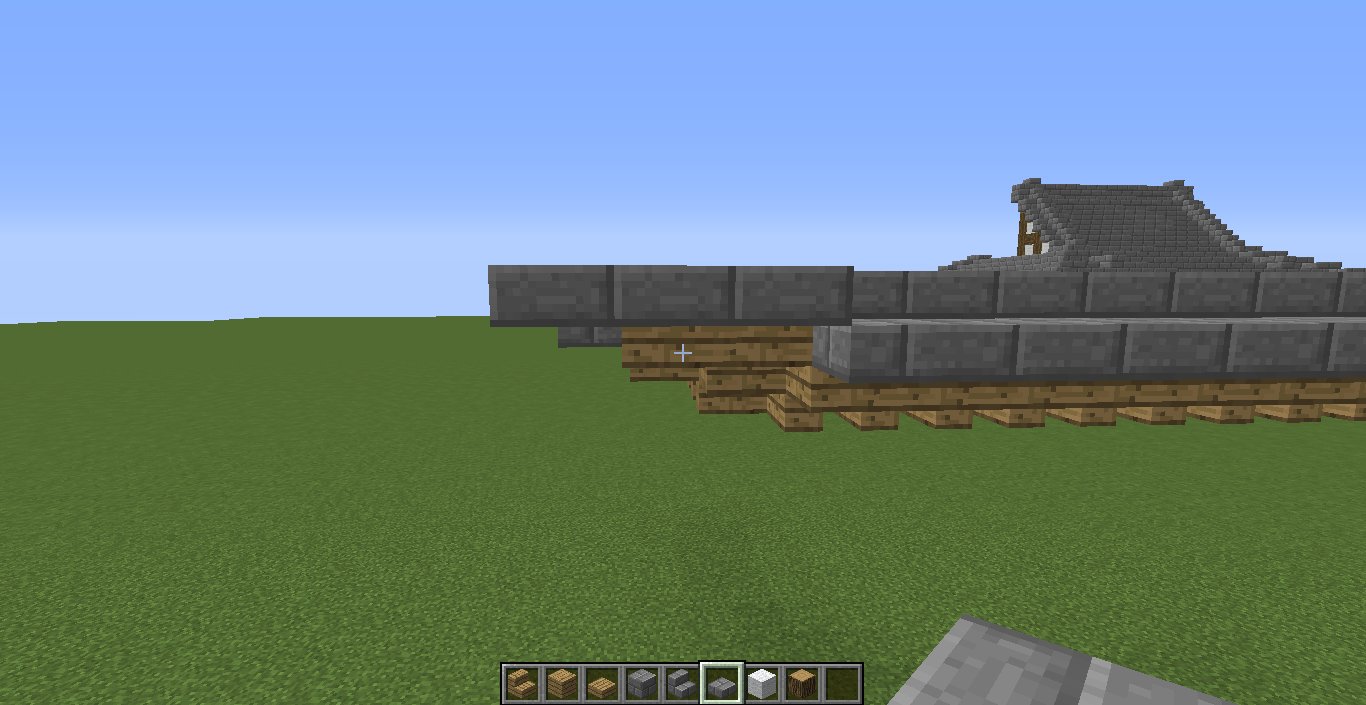 たくみ 石半ブロックを上付きでl字型３ブロックを置きます 角に半ブロックを置いて １ブロックだけ浮かせます 上からみるとこうなっています