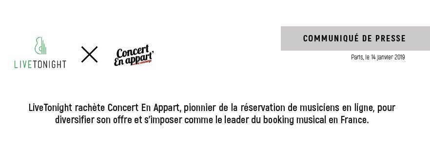 A la suite du rachat de Concert en Appart, LiveTonight, #startup spécialiste du #booking de musiciens annonce ses ambitions 2019…
Lire le communiqué : res.cloudinary.com/dcyafbpoh/imag…