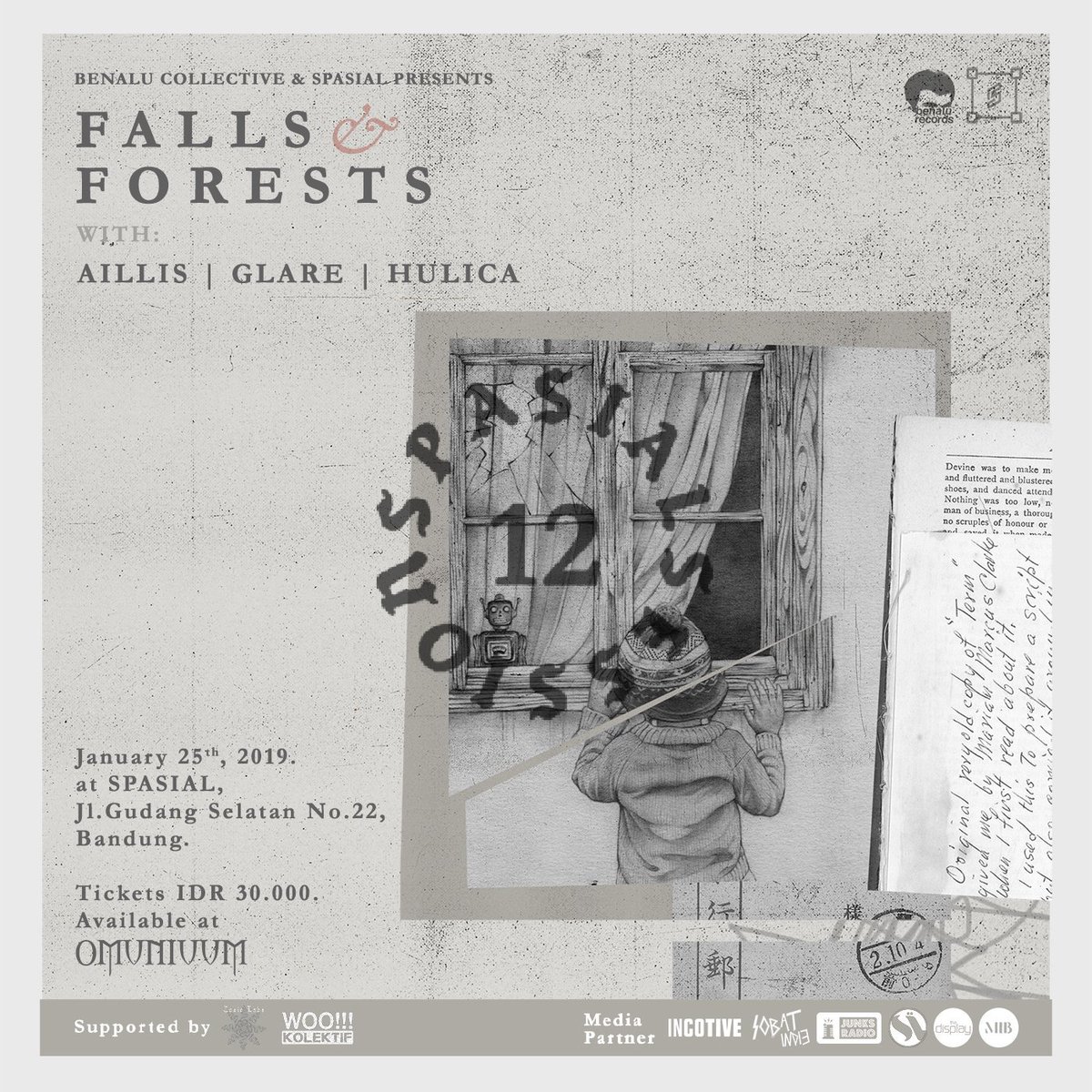 Present: <a href="/fallsband_jp/">falls</a> <a href="/wearenotforests/">forests 🐛✨</a> 
—
✨In Spasial Session 12✨
—
With:
<a href="/aillismusic_/">aillis</a> <a href="/glareeeee/">glare</a> <a href="/hulica__/">terasi udang</a> 
—
Friday, January 25th 2019. At Spasial. Jl. Gudang Selatan No. 22 Bandung. 
—
Ticket IDR. 30.000. Available at <a href="/omuniuum/">Omuniuum</a>

🎉🌲🌳🌴🌵✨