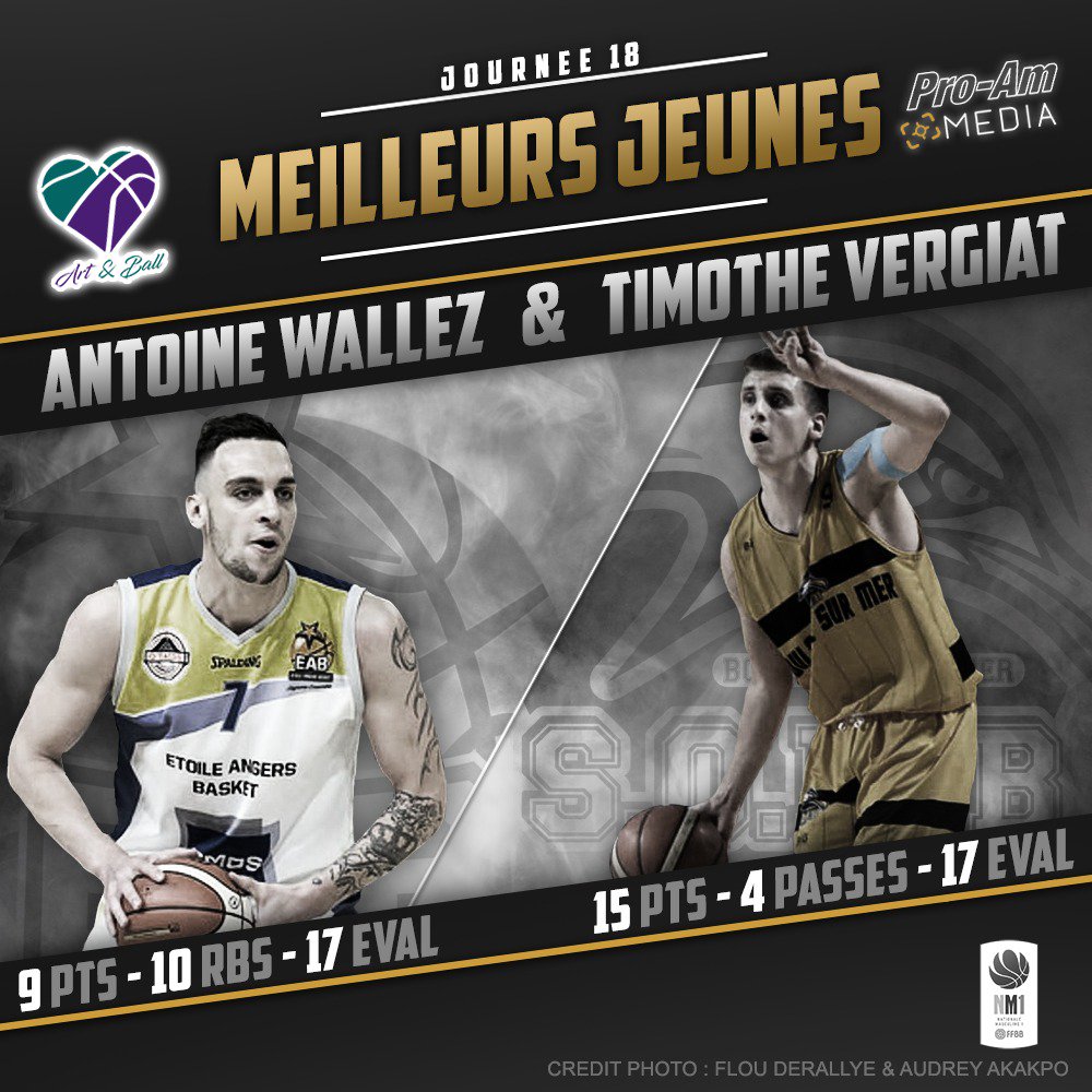 🙌 [Team Art &amp; Ball MEILLEURS JEUNES] 🙌 #NM1
JOURNÉE 1️⃣8️⃣!
Que quelqu'un dise à @Wallez96 et <a href="/timothevergiat/">No_Tim</a> d'en laisser pour les autres svp!
📸 Flou Derallye &amp; <a href="/Audrey_CDS/">Audrey AKAKPO</a> 
🎨 Big 3 Design