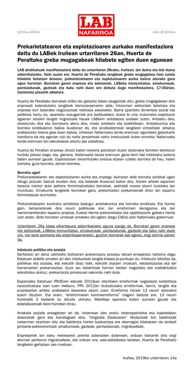 LABnafarroa's tweet image. [PRENTSA OHARRA]

Prekarietatearen eta esplotazioaren aurkako manifestaziora deitu du LABek Iruñean urtarrilaren 26an, Huerta de Peraltako greba mugagabeak hilabete egiten duen egunean.

#HuertaDePeraltaBorrokan #GoraLangileBorroka
