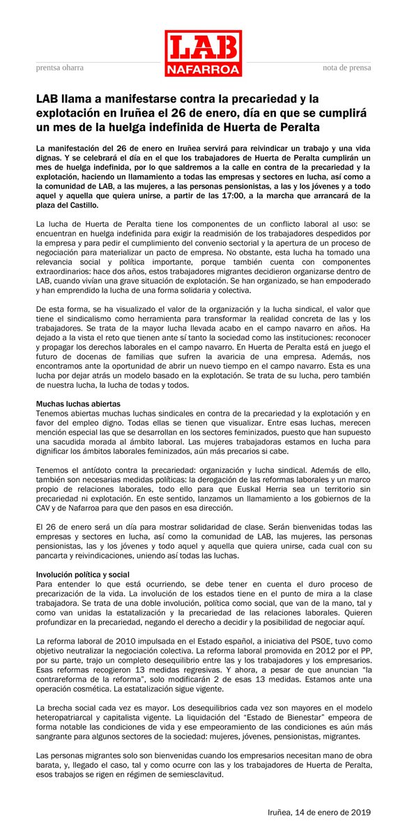LABnafarroa's tweet image. [NOTA DE PRENSA]

LAB llama a manifestarse contra la precariedad y la explotación en Iruñea el 26 de enero, día en que se cumplirá un mes de la huelga indefinida de Huerta de Peralta.

#HuertaDePeraltaBorrokan #GoraLangileBorroka