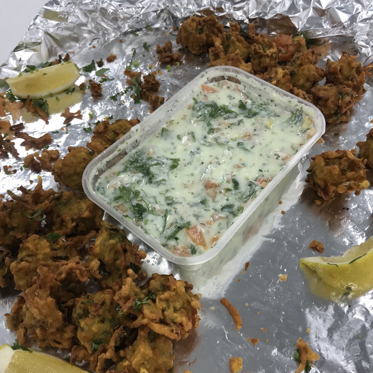 GlosLiveOnline's tweet photo. Thank you @thecurrycorner for our special delivery to Glos Live today! We can’t get enough of these bhajis 😋 #currycorner #thatslunchsorted #hungryreporters https://t.co/NPHMd4aZ6D