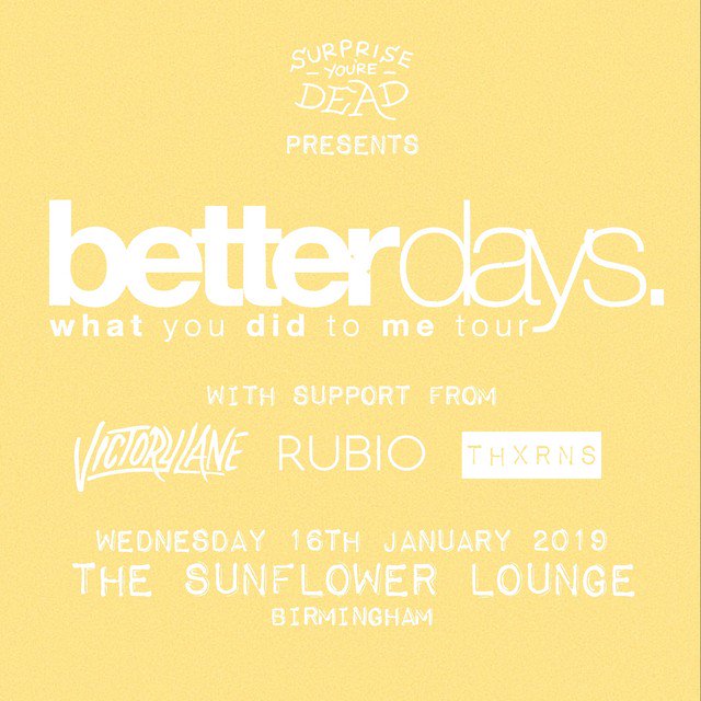 This Wednesday, I’ll be playing my first show supporting @betterdaysband on the Birmingham date of their ‘What You Did To Me’ Tour with @Rubioband and my pals in <a href="/VictoryLaneUK/">Victory Lane</a>!

Thanks to <a href="/SYD_Music/">Surprise You're Dead</a> for getting me on this!

 DM me for £5 Cheaplist! 

THXRNS💛