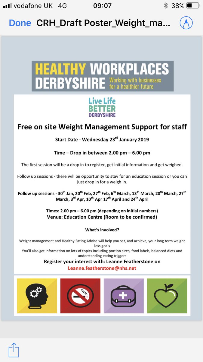 In partnership with <a href="/DCCPublicHealth/">Live Life Better Derbyshire</a> we’re offering free weight management support to staff <a href="/royalhospital/">Chesterfield Royal Hospital NHS FT</a> - first session January 23 for registration and info. Interested? See poster for details! <a href="/LeanneFeathers1/">Leanne Featherstone</a> #HealthyWorkplacesDerbyshire