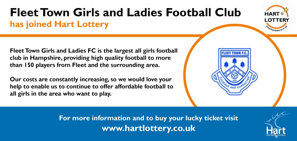 HartCouncil's tweet photo. Fleet Town Girls and Ladies Football Club need your help to continue to offer affordable football to all girls in the area who want to play. Support them with your Hart Lottery tickets https://t.co/HCSvjN5MZy https://t.co/v1HXE259Cu