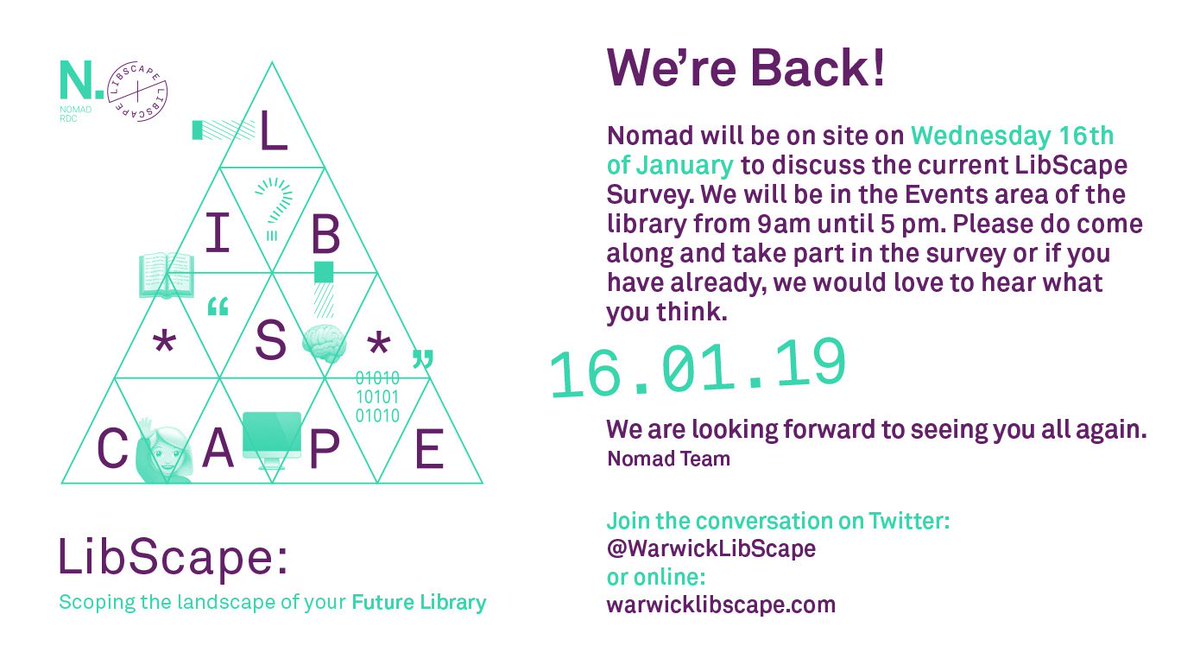 WarwickLibScape's tweet image. Our Researches will be back on site this Wednesday (16.01.19) from 9 a.m - 5 p.m in the Events areas of the Library. We will be asking you to take part in the survey or if you have already done this, we would love to hear what you think! @warwicklibrary @warwickuni #LibScape