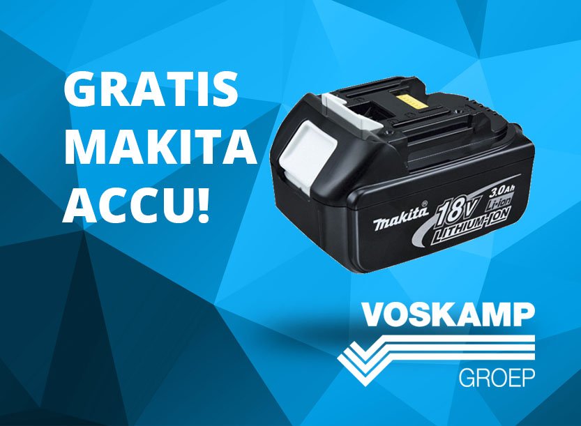 Begin 2019 goed met een GRATIS accu! Koop dit kwartaal één van de 170 machines en vraag bij Makita een gratis accu aan. Kijk op makita.nl/gratisaccu goed naar de voorwaarden. Dat voorkomt teleurstellingen. Kijk dan op makita.nl/aanbieding