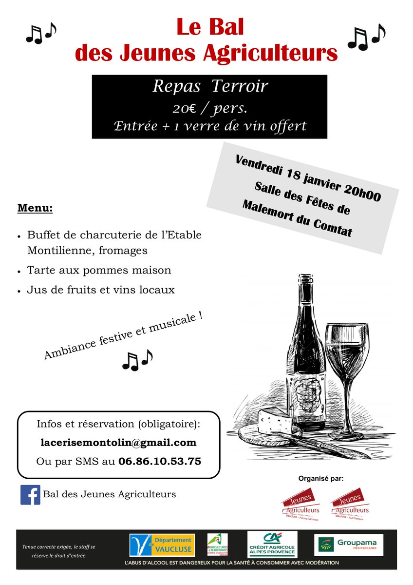 Les Jeunes Agriculteurs vous attendent nombreux au Bal des JA Vendredi prochain ! Charcuterie de l''Etable Montilienne, fromages et tarte au pommes maison au menu 🍏🥓🧀
Réservations obligatoires: lacerisemontolin@gmail.com avant Mercredi 16 Janvier