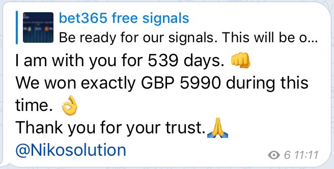 http://t.me/bet365freesignals … 👈
My free telegram channel 👋👌
Join now 😁👋💪
Retweet and comment ♥️♥️
@nikosolution
#betting #bet365 #link #RETWEEET #comment #sports #Online #live #submitted #inplay #livebetting #earn #money #tips #free #forfree
