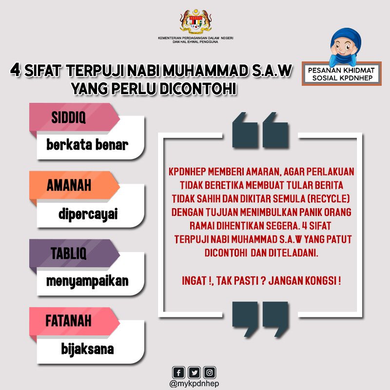 Kpdnhep En Twitter 4 Sifat Terpuji Nabi Muhammad S A W Yg Perlu Kita Contohi Infografik Kpdnhep Https T Co Pvuqmv4kej Twitter