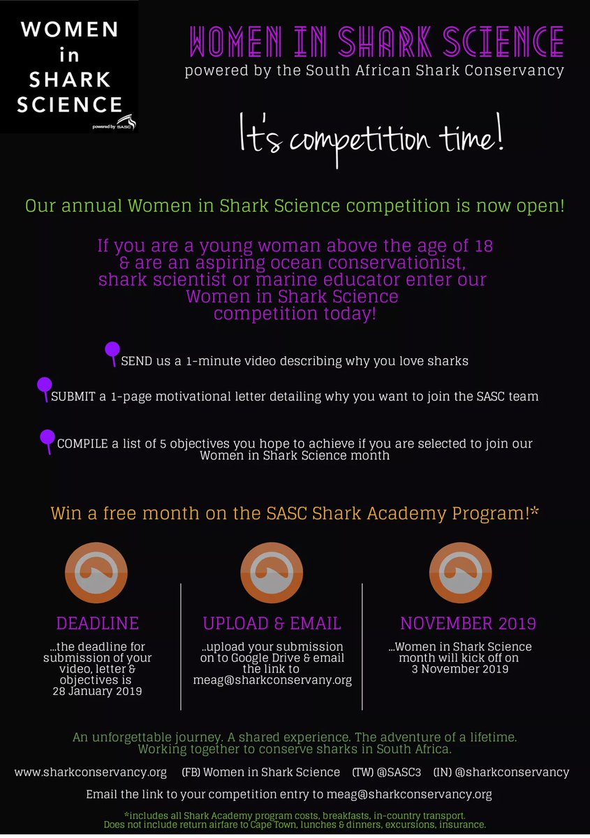OfficialSASC's tweet photo. Our annual Women in Shark Science competition is now open! We are searching for 6 incredible women from around the world who will be selected to join us for 1-month of focused skill development, field science and mentorship in November 2019. Submit your entry by 28 January 🇿🇦🦈👩‍🔬 https://t.co/bcNpEXftMS