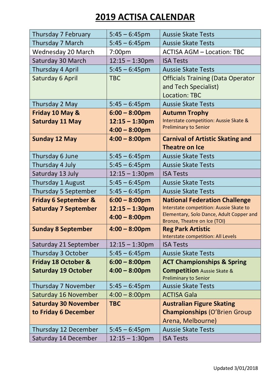 ACTISAofficial's tweet image. Our 2019 Calendar of competitions, galas, testing, training, AGM etc. Mark your diaries; discuss skating goals with your coaches (if you haven’t already); send save-the-dates to your friends &amp;amp; extended family for when you’ll be performing. Check interstate calendars too ⛸ ⁦