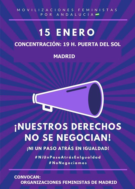 Las #AsociacionesVecinales nos sumamos a las movilizaciones impulsadas para mañana por el Movimiento Feminista en apoyo de las mujeres andaluzas en su defensa de sus derechos. 

#NiUnPasoAtrasEnIgualdad 
#NoNegociamos 

Nos vemos en Sol a las 19:00.