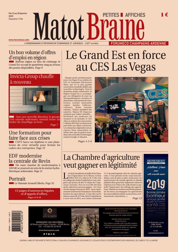 matotbraine's tweet photo. #UNE
La Région en force au @CES à Las Vegas / Plus de légitimité pour la @ChambreAgri51 / Des offres d’emploi en hausse pour le Grand Est / Une nouvelle direction à la tête de @GroupInvicta / @EDFofficiel modernise la centrale de Revin. https://t.co/EDmvR0LHNt