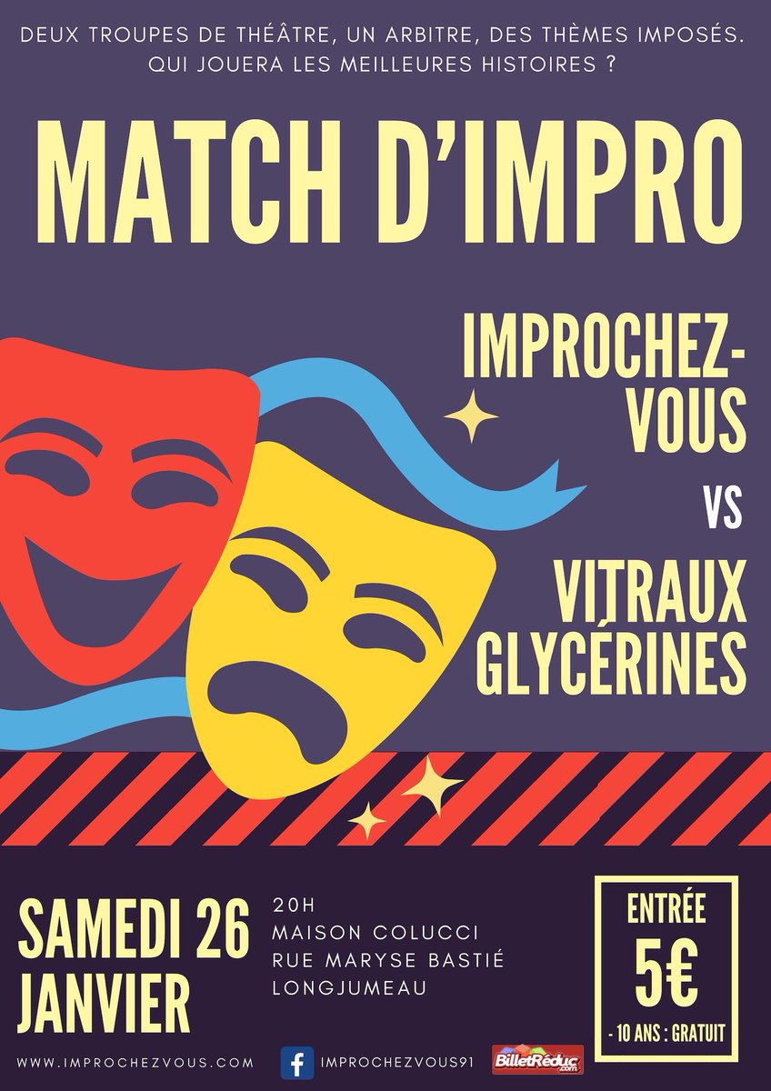 Le 26 janvier à 20h nous joutons <a href="/longjumeau/">Ville de Longjumeau</a> avec les #VitrauxGlycerines de Chartres !

Réservation hautement conseillée via contact@improchezvous.com ou sur billetreduc.com/228435/evt.htm…

#impro #MatchDay #Improvisationthéâtrale #improv #improvisation