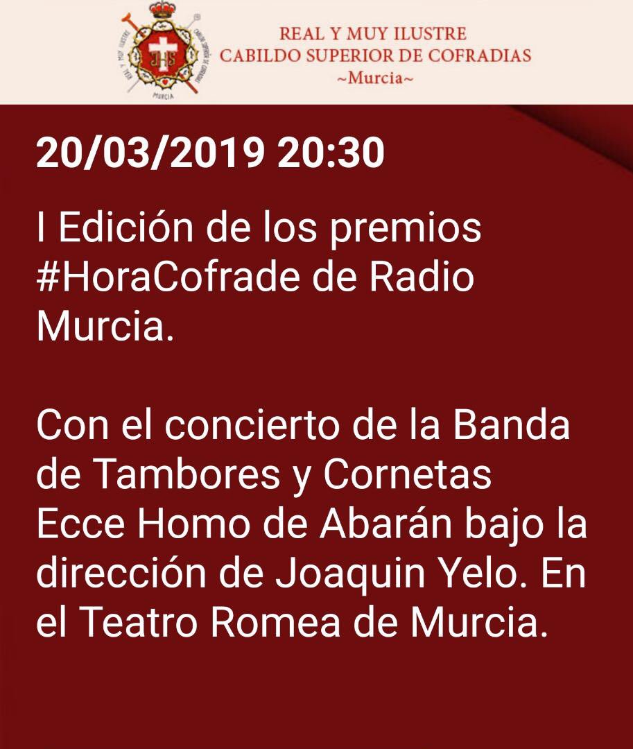 HoraCofrade's tweet image. Este año ponemos en marcha los Premios #HoraCofrade 🏆 
Unos galardones otorgados por @SER_Murcia que reconocen el trabajo de quienes velan por nuestra Semana Santa y trabajan por su difusión y prestigio.
La Banda Sonora de esta I Edición corre a cargo de @CCTTEcceHomo