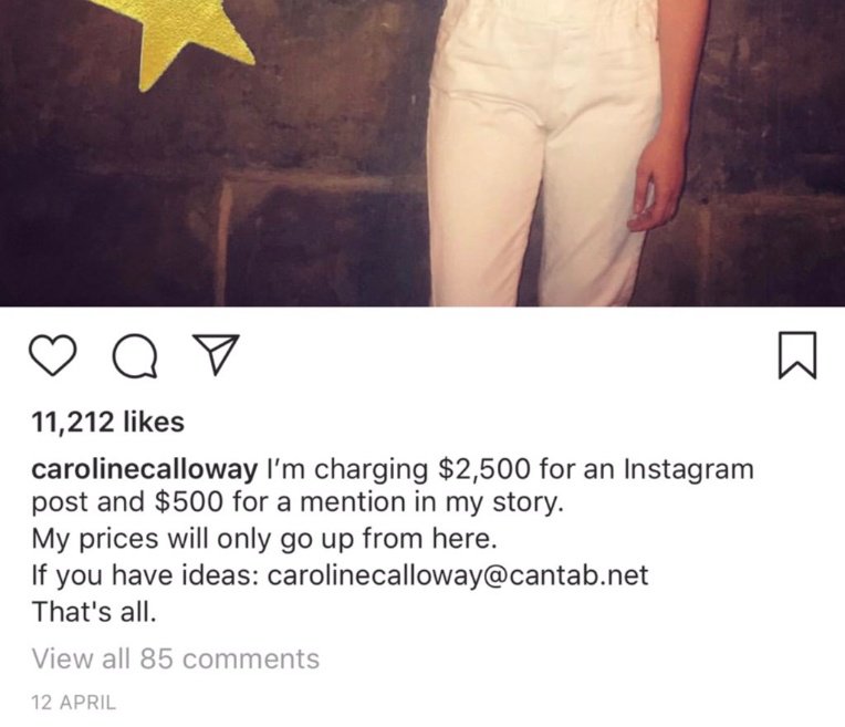 A blast from the past (she deleted these posts) from when she tried to get "sponsored content". $5k for an Instagram story. $7-10k for her to attend your event.As far as I know, nobody took her up on these offers.