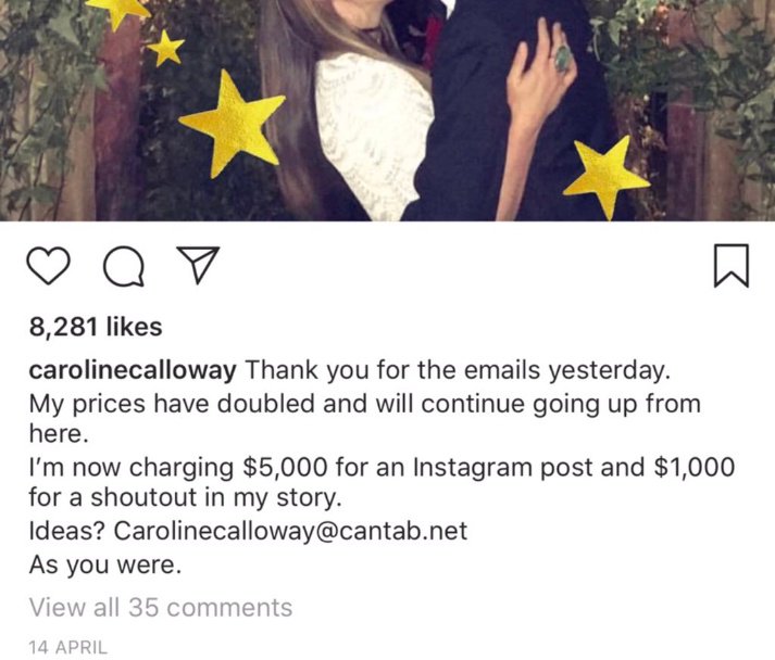 A blast from the past (she deleted these posts) from when she tried to get "sponsored content". $5k for an Instagram story. $7-10k for her to attend your event.As far as I know, nobody took her up on these offers.